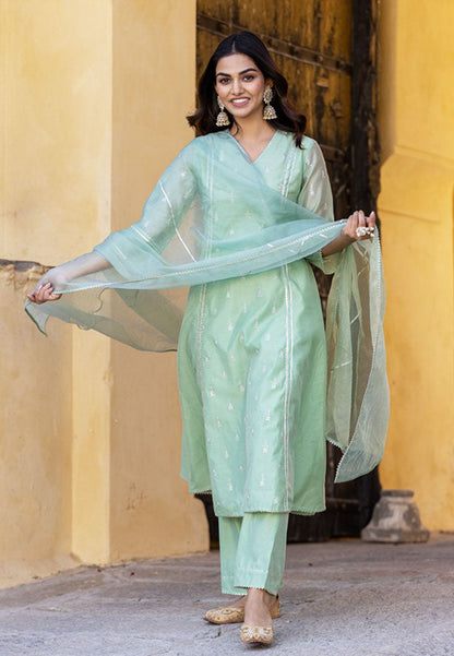 CHANDERI GREEN STRAIGHT SUIT SET