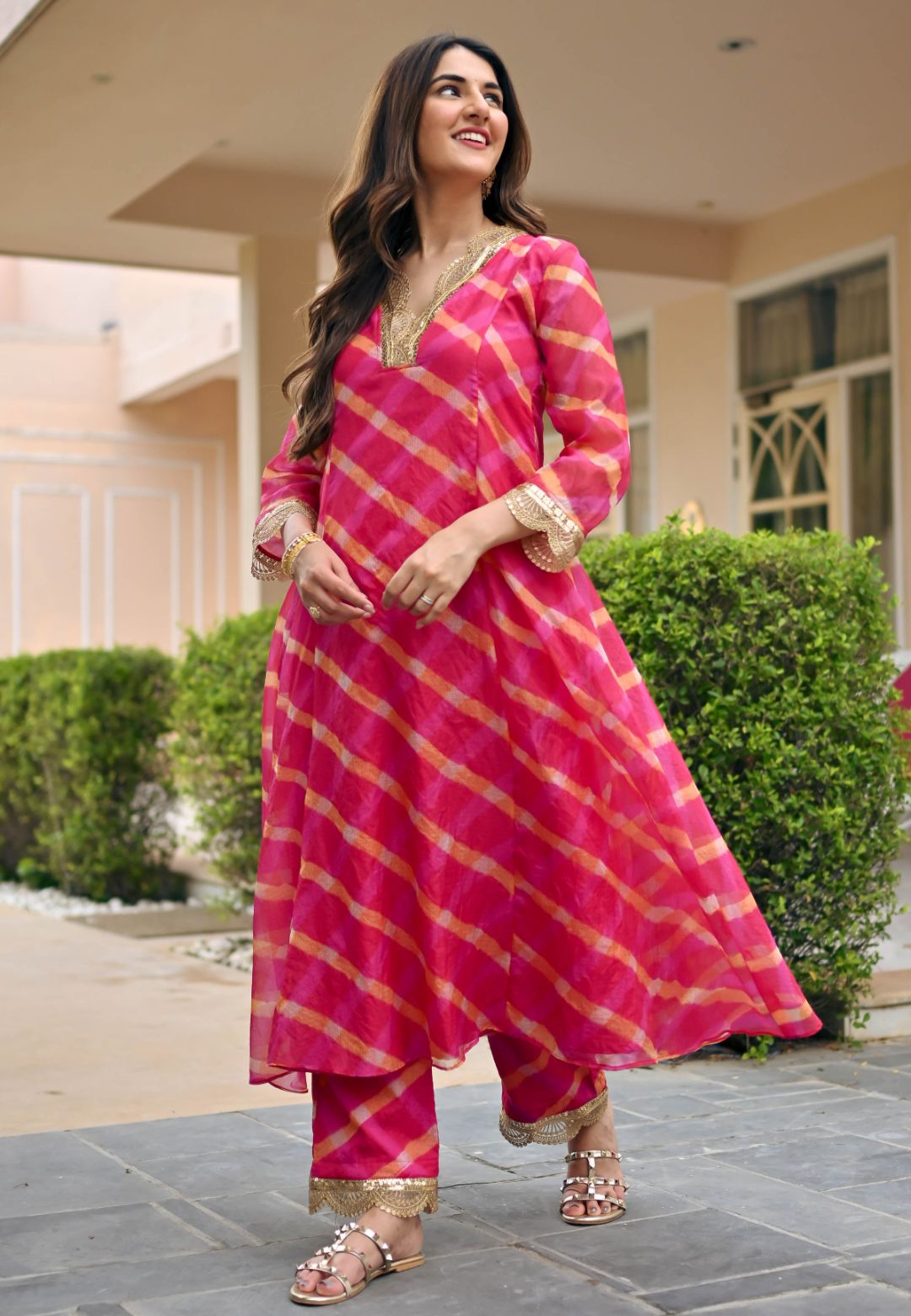 PINK SILK DORI LEHERIYA KURTA SET