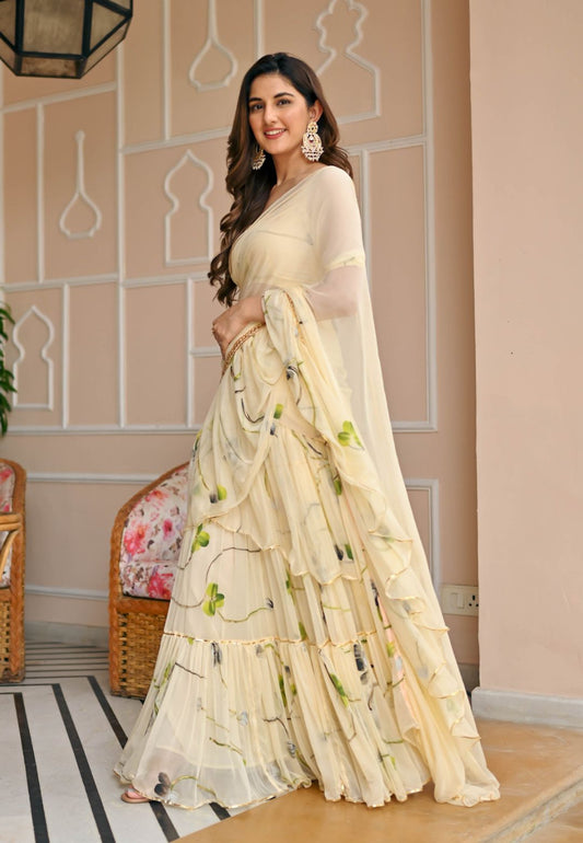 IVORY WHITE PEARLED CHIFFON DRAPED SAREE