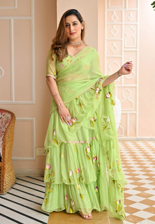 PARADISE GREEN DRAPED CHIFFON SAREE