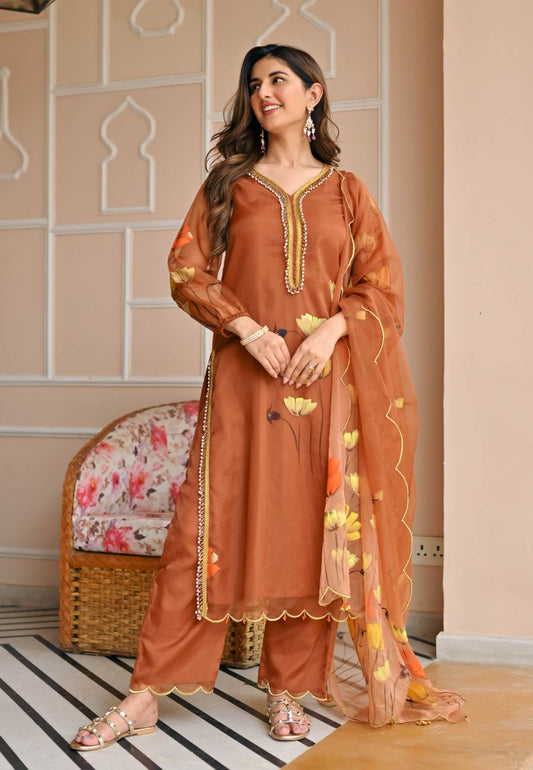 CARAMEL HANDPAINTED ORGANZA SUIT SET