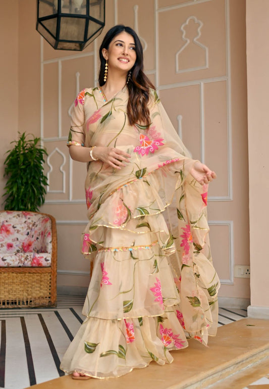 BEIGE PINK DRAPED ORGANZA SAREE