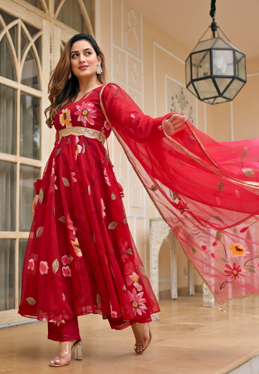 RED AURORA ORGANZA HANDPAINTED SUIT SET