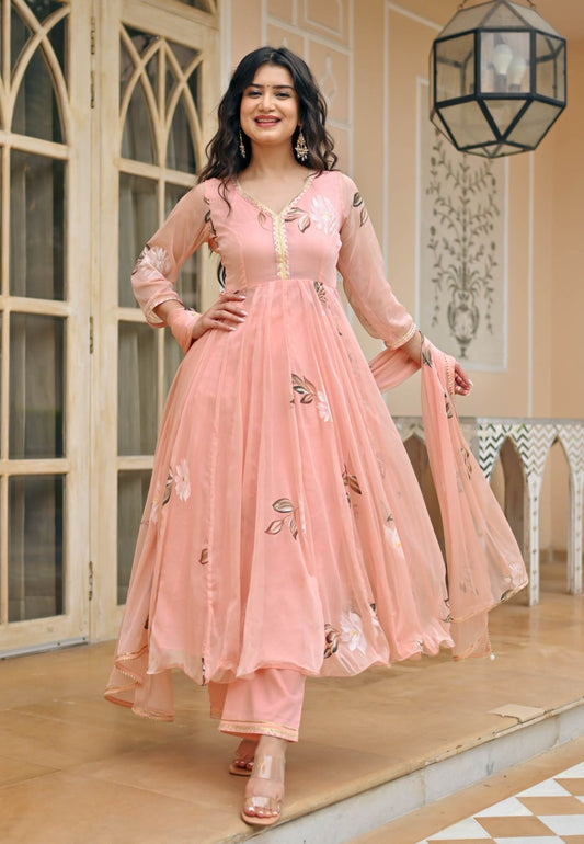 PEACH CORAL BLUSH HANDPAINTED CHIFFON SUIT SET