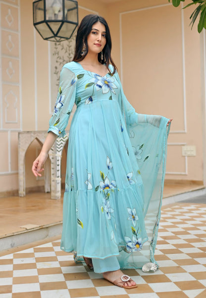 BLUE SEASHELL HANDPAINTED CHIFFON SUIT SET