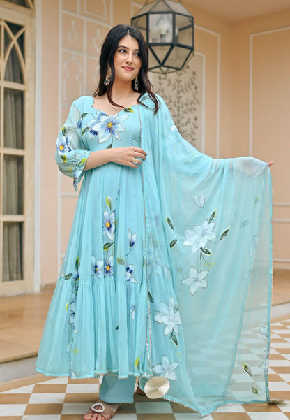 BLUE SEASHELL HANDPAINTED CHIFFON SUIT SET