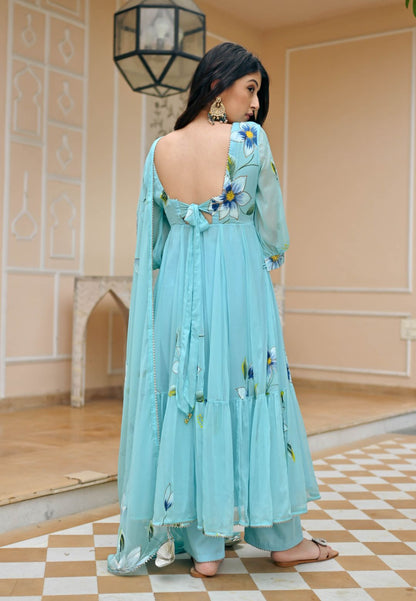 BLUE SEASHELL HANDPAINTED CHIFFON SUIT SET