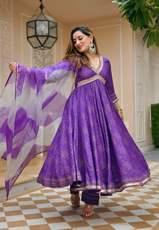 PURPLE GOLD HANDBLOCK COTTON SILK SUIT SET