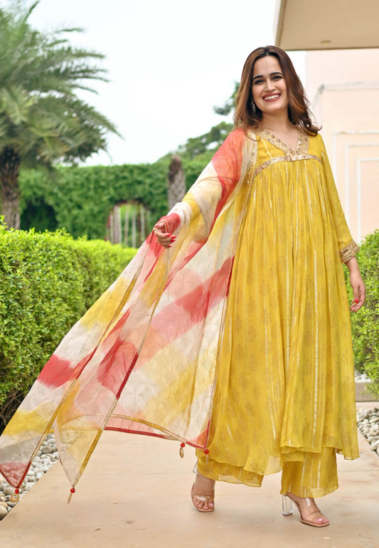 YELLOW GOLD HANDBLOCK GEORGETTE SUIT SET