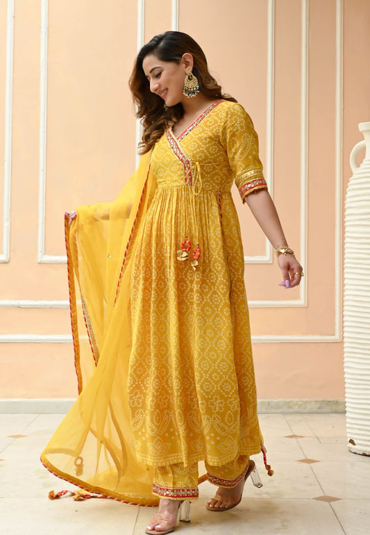 SILK CREPE YELLOW BANDHEJ SUIT SET