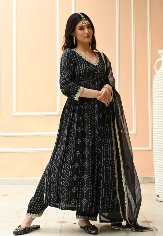 BLACK SILK CREPE BANDHEJ SUIT SET