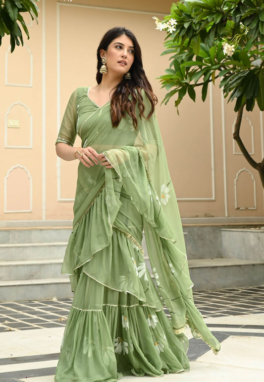 DAISY OLIVE GREEN DRAPED CHIFFON SAREE