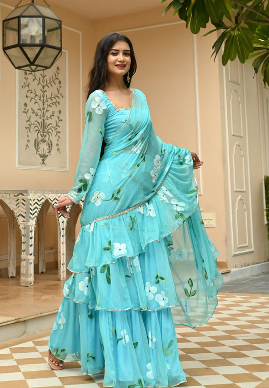 AQUA BLUE MIST CHIFFON DRAPED SAREE