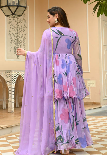 SHEER LILAC HANDPAINTED CHIFFON SHARARA SET