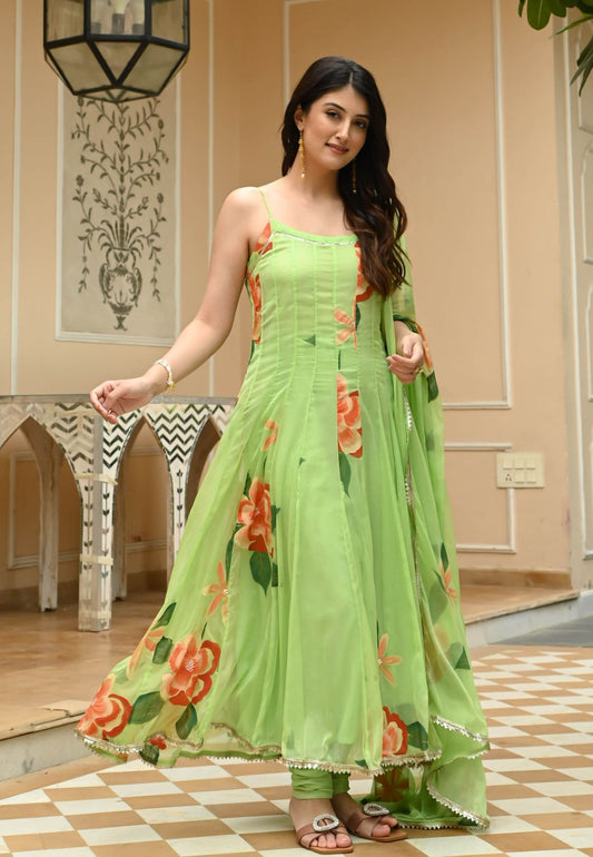 KIWI GREEN HANDPAINTED CHIFFON SUIT SET