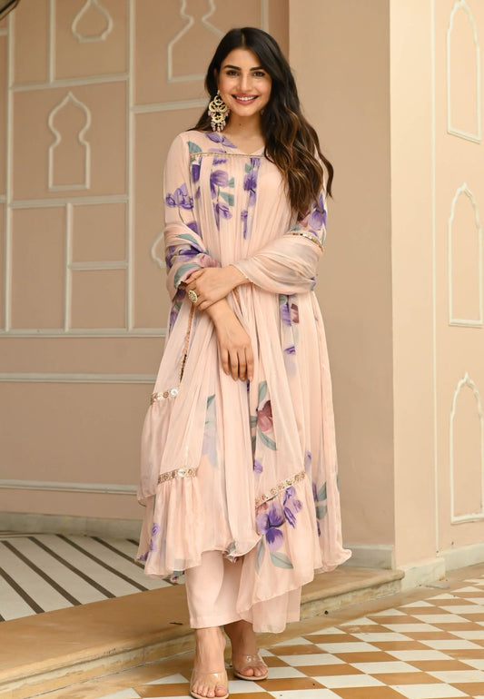 PEACH CHIFFON HANDPAINTED SUIT SET