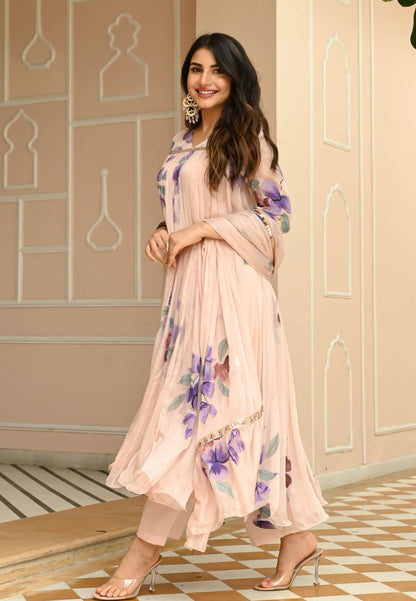 PEACH CHIFFON HANDPAINTED SUIT SET
