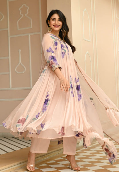 PEACH CHIFFON HANDPAINTED SUIT SET