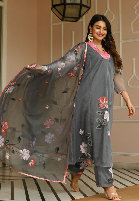 FLORAL GREY HANDPAINTED ORGANZA SUIT SET