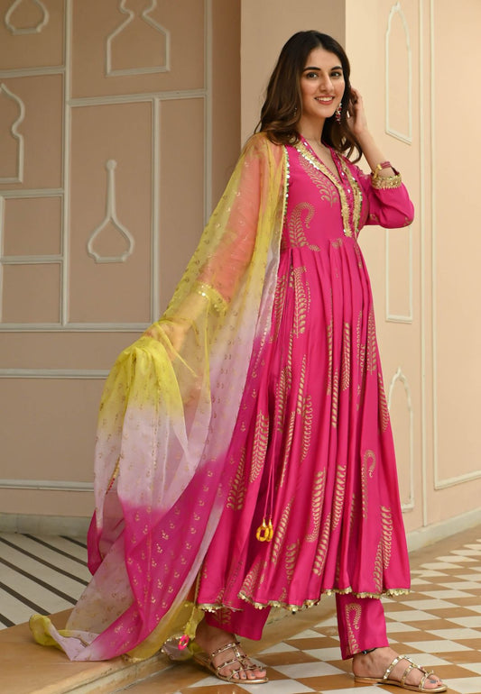 PINK GOLDEN HANDBLOCK COTTON SILK SUIT SET