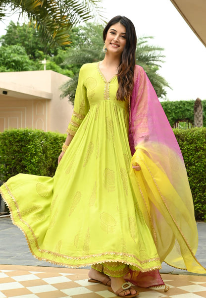 GREEN LIME GOLD HANDBLOCK COTTON SILK SUIT SET