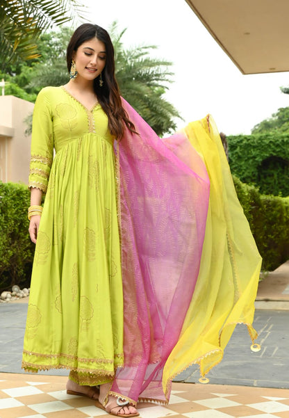 GREEN LIME GOLD HANDBLOCK COTTON SILK SUIT SET