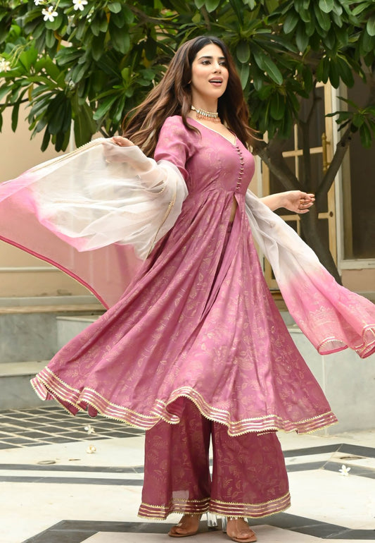 PINK OPAL GOLD COTTON SILK SUIT SET