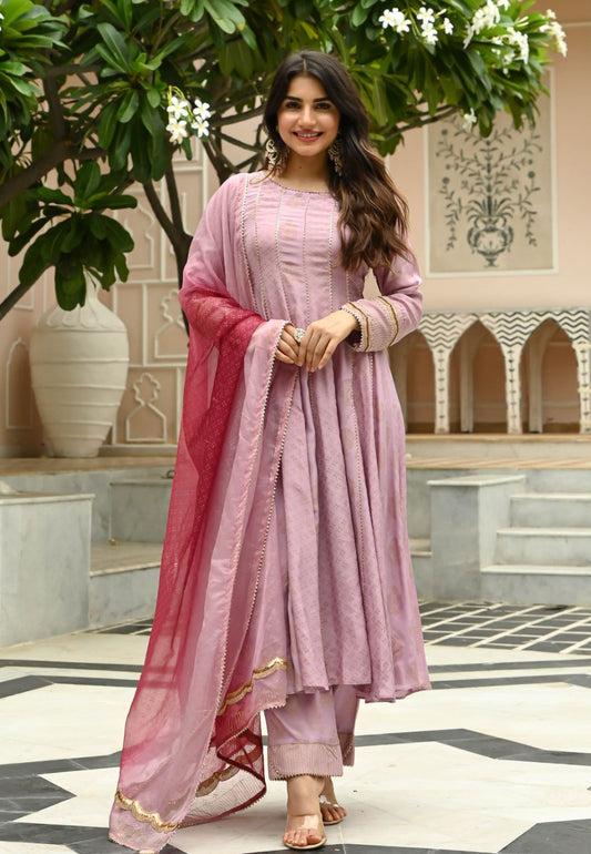 RHUBARB GOLD HANDBLOCK COTTON SILK SUIT SET