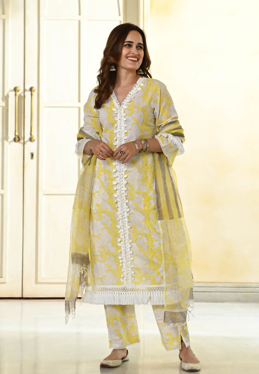 LIGHT YELLOW HANDBLOCK COTTON PRINTED SUIT SET