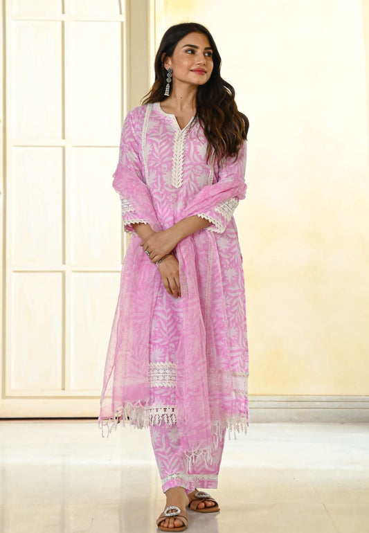 BABY PINK HANDBLOCK COTTON PRINTED SUIT SET