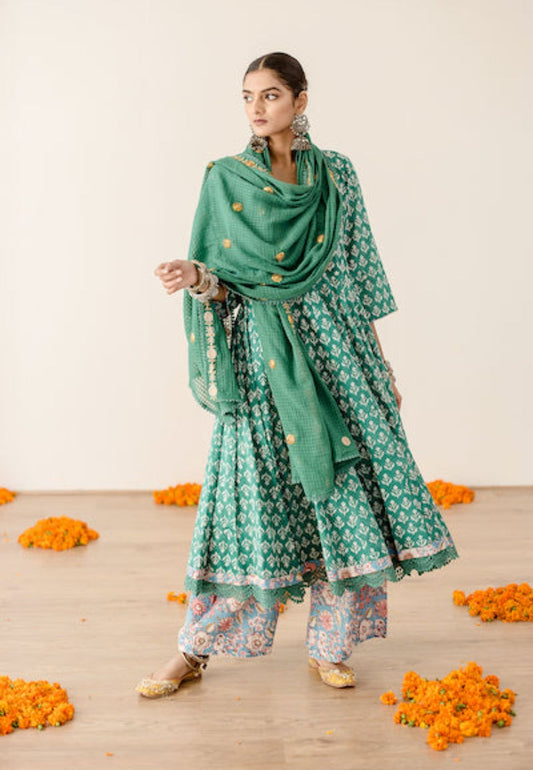 ROSHAN GREEN COTTON ANARKALI SUIT SET