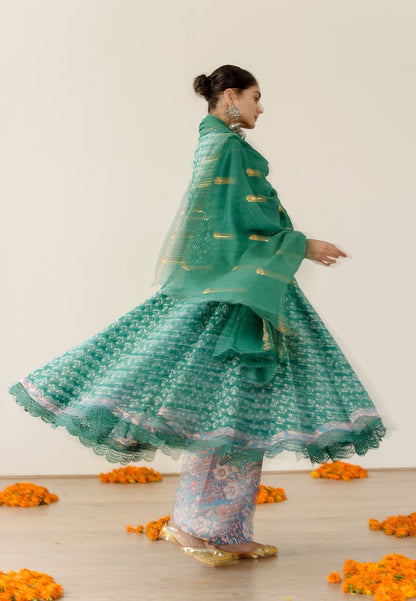 ROSHAN GREEN COTTON ANARKALI SUIT SET