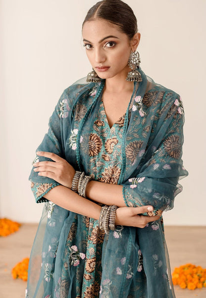 GREEN RUBAL PURE COTTON ANARKALI SUIT SET