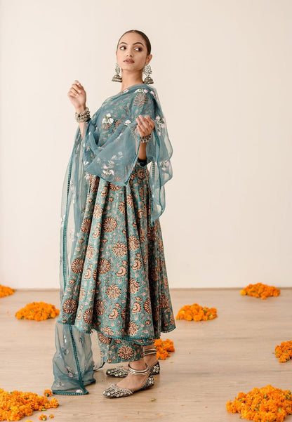 GREEN RUBAL PURE COTTON ANARKALI SUIT SET