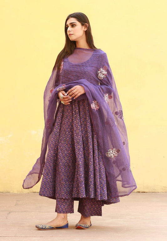 PURPLE HANDBLOCKED PURE COTTON ANARKALI SUIT SET