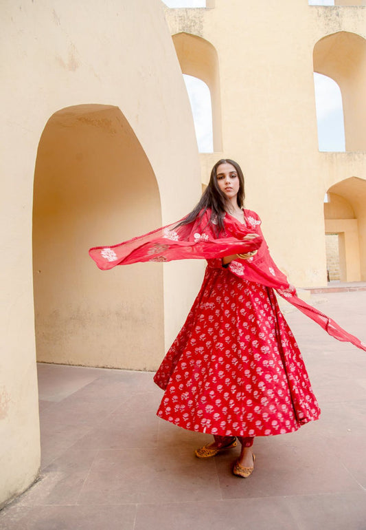 RED HANDBLOCKED PURE COTTON ANARKALI SUIT SET