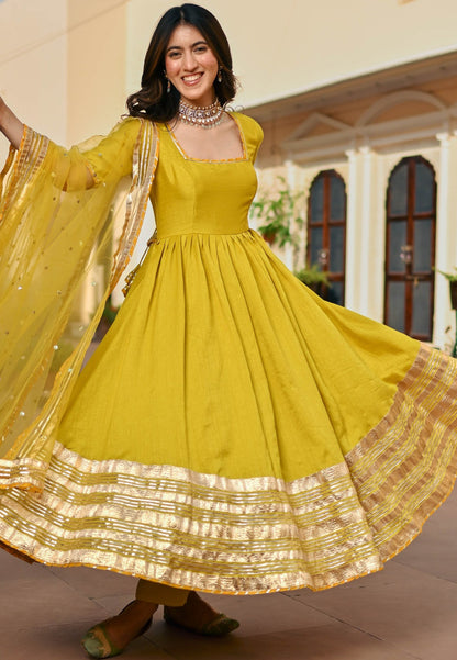 LEMON GREEN SILK ANARKALI SUIT SET