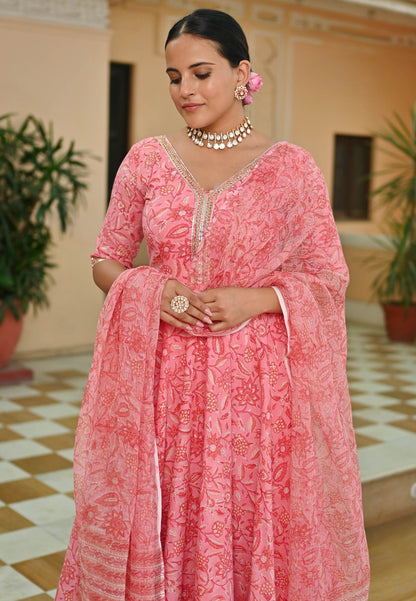 PINK HANDBLOCK ANARKALI SUIT SET