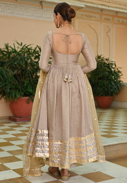 BEIGE GOLD SILK ANARKALI SUIT SET