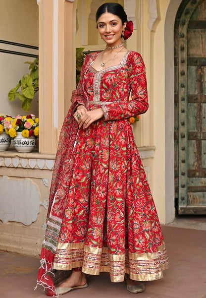 RED HANDBLOCK PRINTED ANARKALI SUIT SET