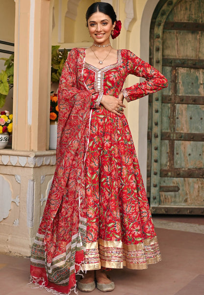 RED HANDBLOCK PRINTED ANARKALI SUIT SET