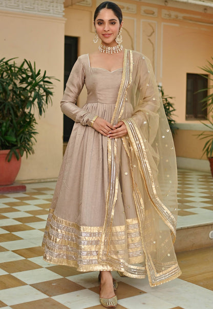 BEIGE GOLD SILK ANARKALI SUIT SET