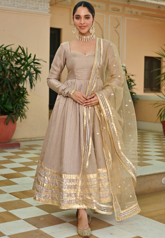 BEIGE GOLD SILK ANARKALI SUIT SET