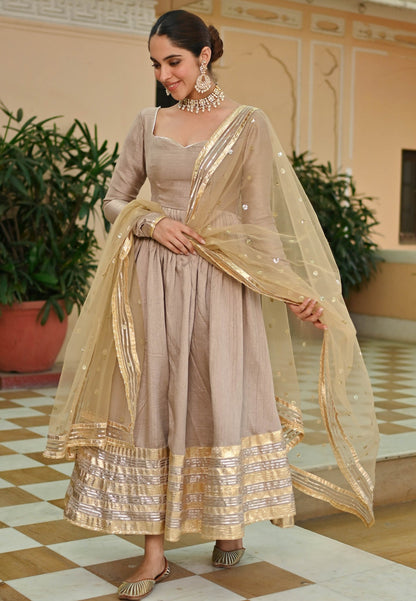 BEIGE GOLD SILK ANARKALI SUIT SET