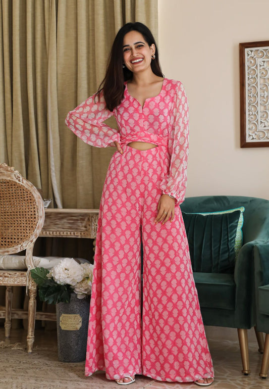 PINK HANDBLOCKED CONFETTI CHIFFON JUMPSUIT