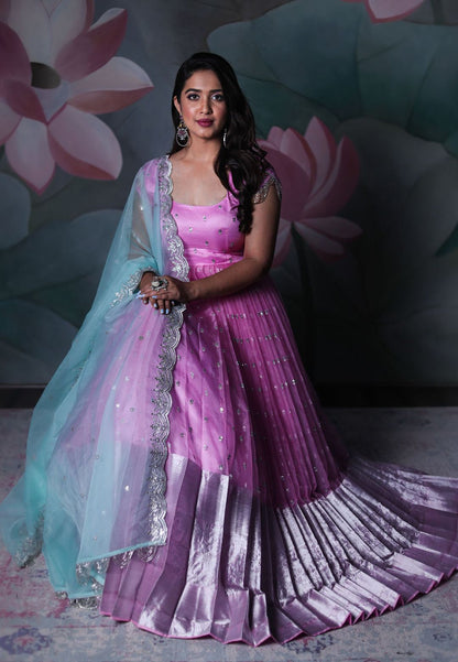 PINK BLUE ORGANZA SEQUIN ANARKALI SET