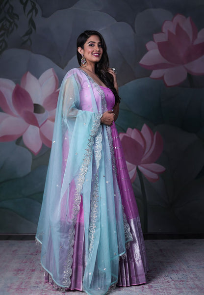 PINK BLUE ORGANZA SEQUIN ANARKALI SET