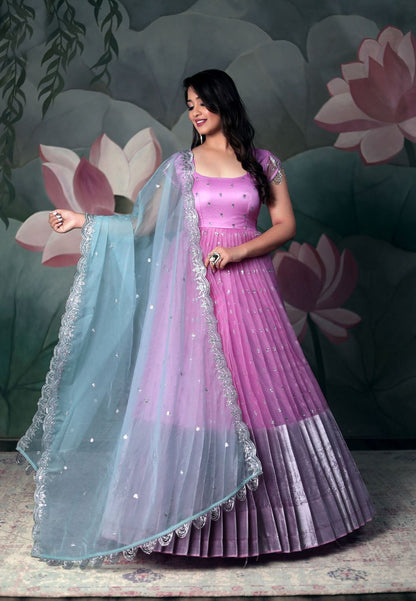 PINK BLUE ORGANZA SEQUIN ANARKALI SET