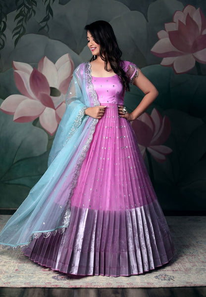 PINK BLUE ORGANZA SEQUIN ANARKALI SET