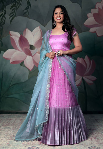 PINK BLUE ORGANZA SEQUIN ANARKALI SET